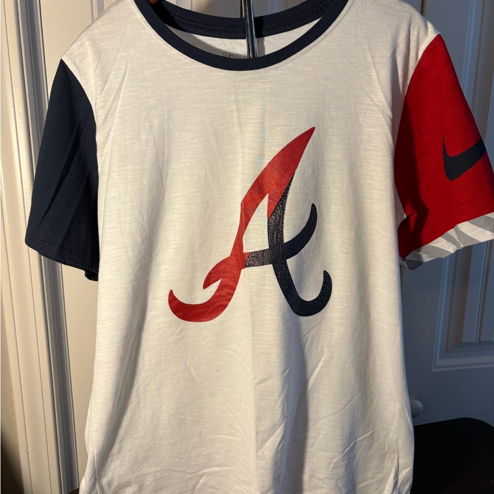 Atlanta Braves Nike White Tee with Red and Navy Sleeves